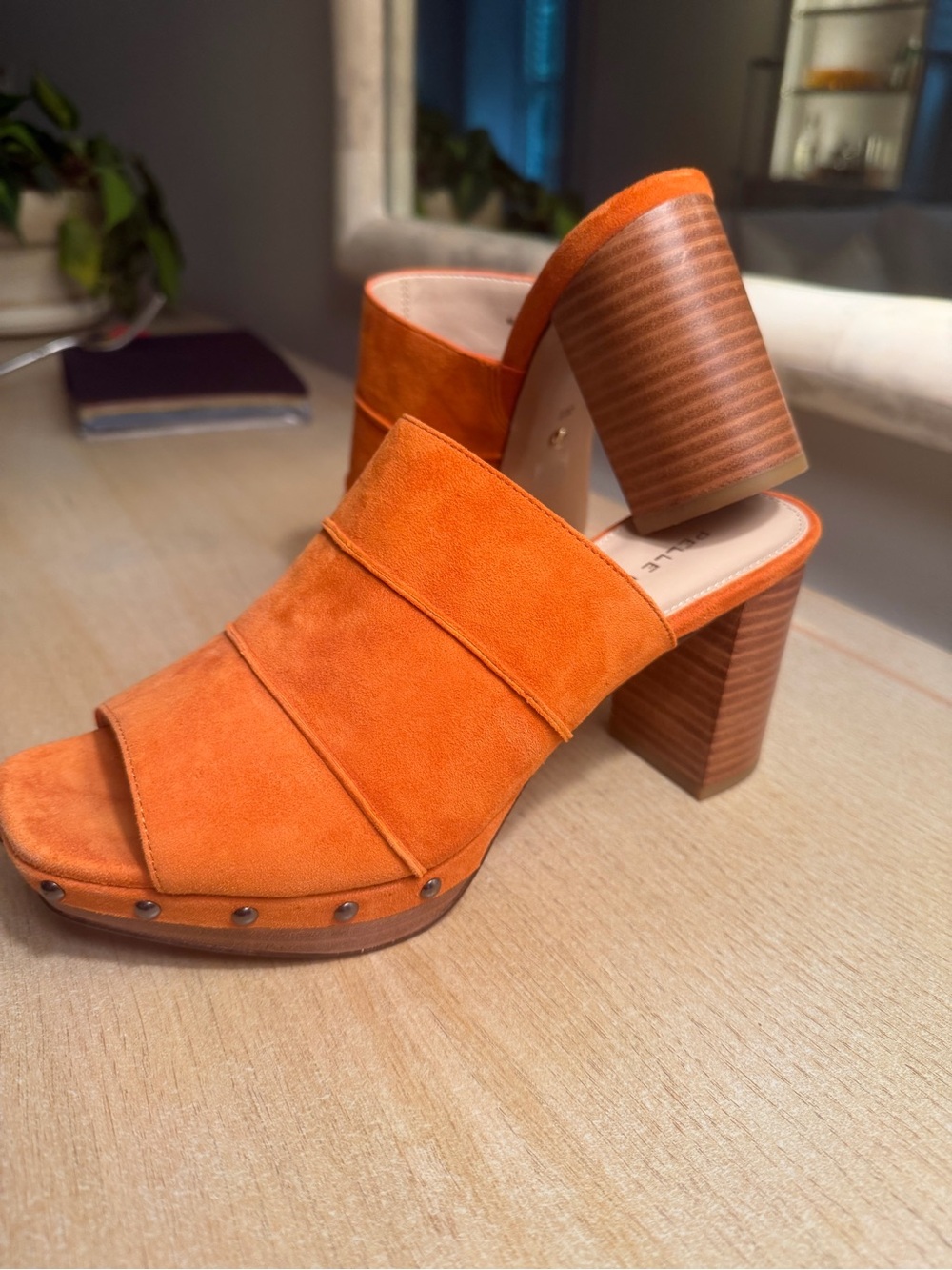 Women's Orange Suede Block Heel Mules